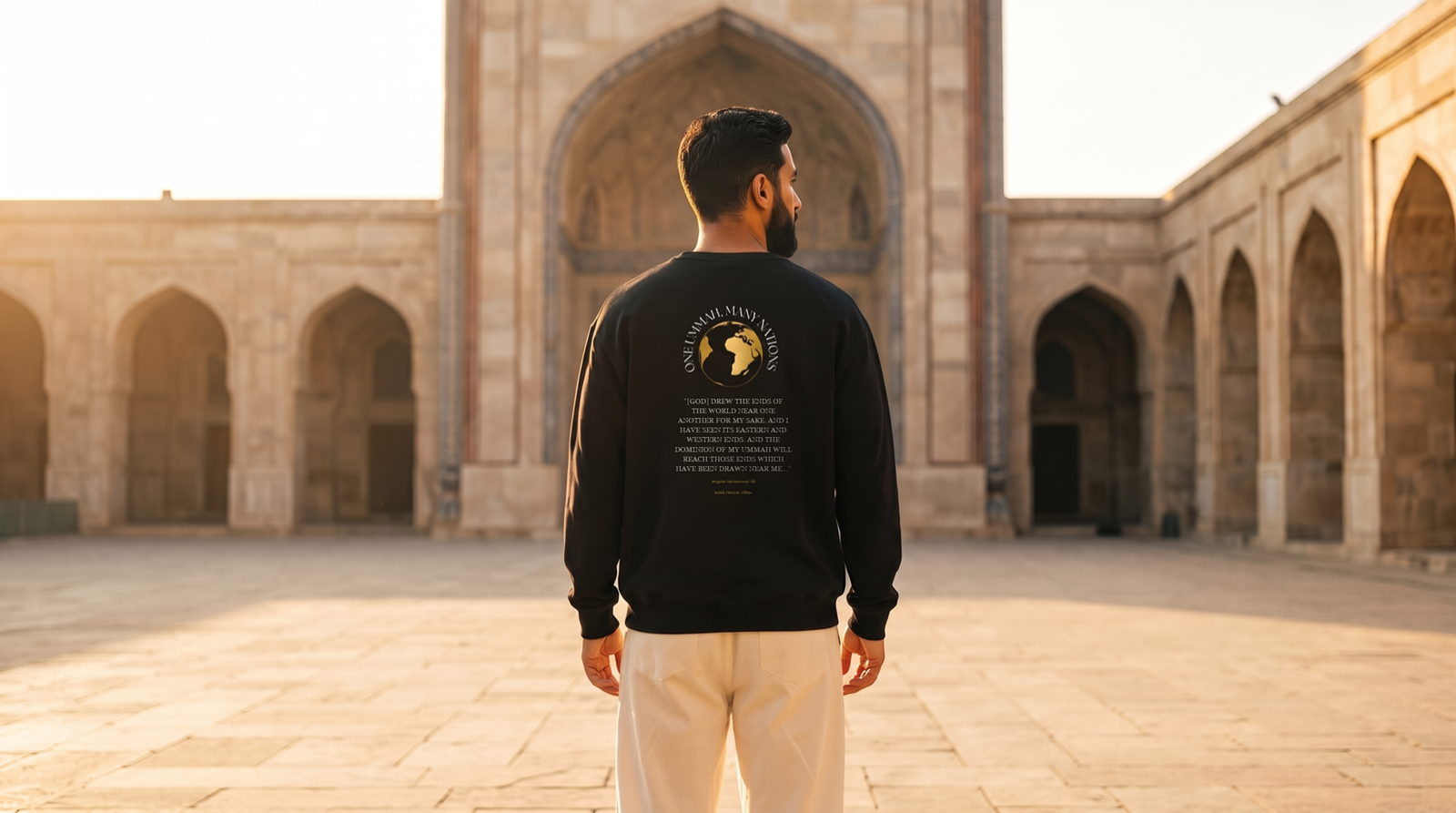 A man in an EHA & CO. Ummah Essentials crewneck, the gold Ummah emblem on his back, standing in a mosque courtyard at golden hour