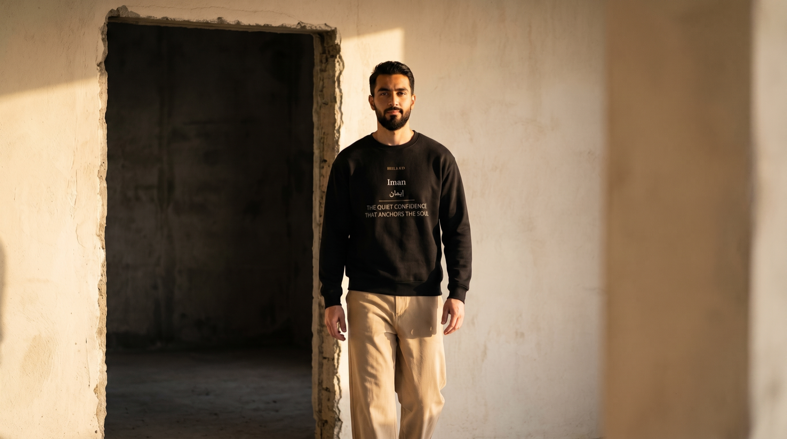 A figure in The Power of Iman crewneck walking from shadow into a doorway of light